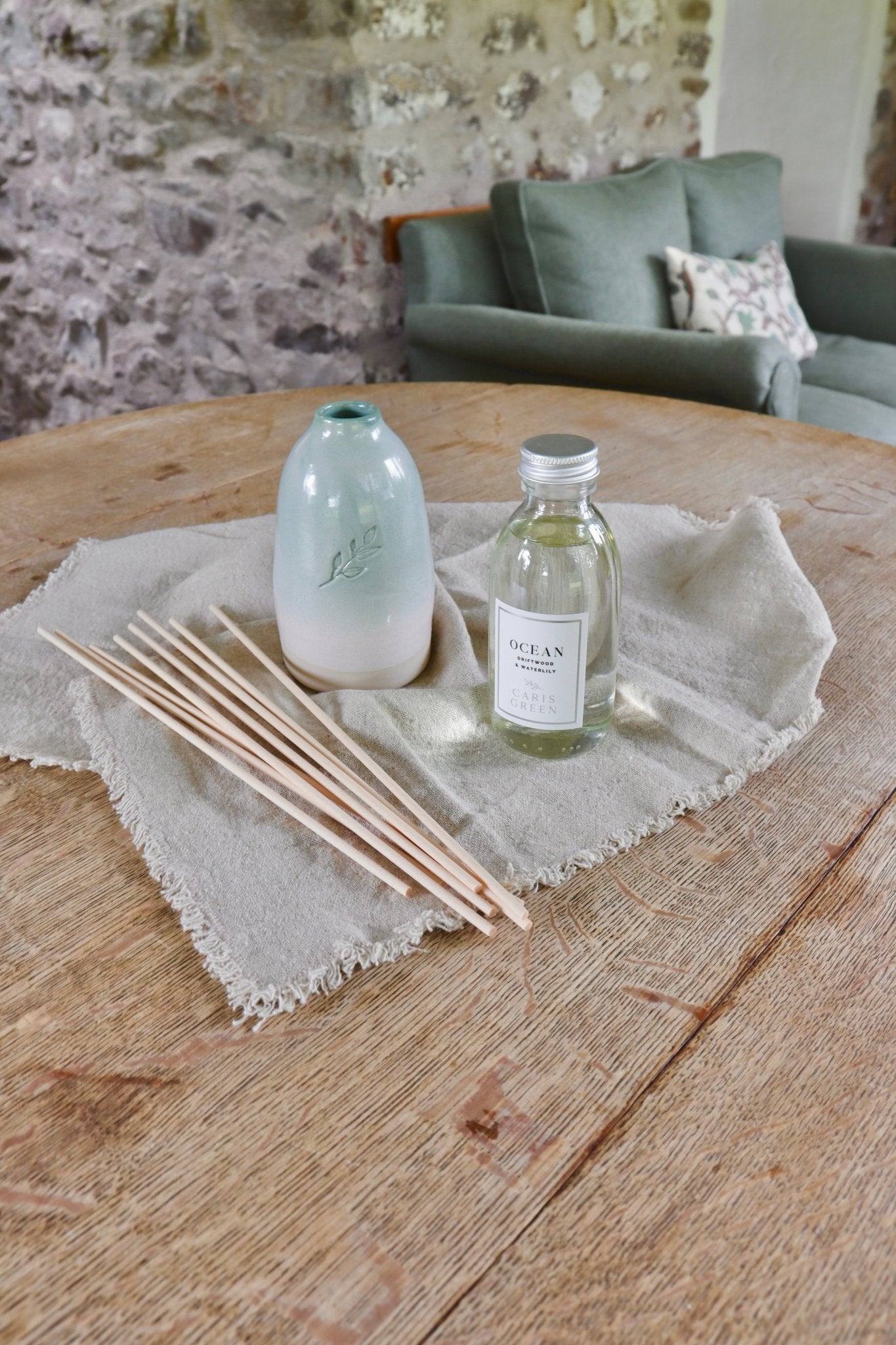 Ceramic Reed Diffuser Bottle Hand - Thrown Pottery Refillable Home Fragrance - Caris Green