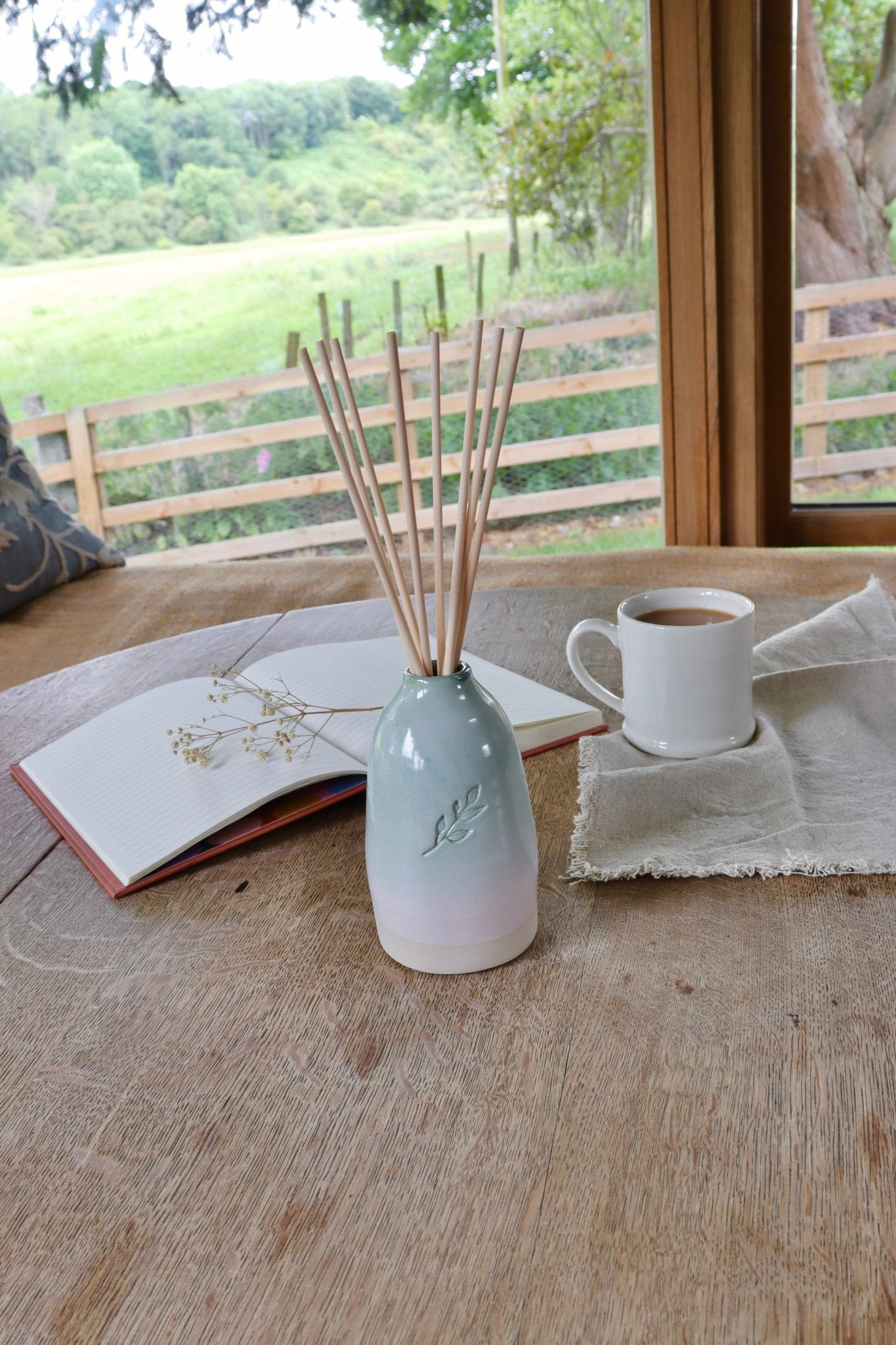 Ceramic Reed Diffuser Bottle Hand - Thrown Pottery Refillable Home Fragrance - Caris Green